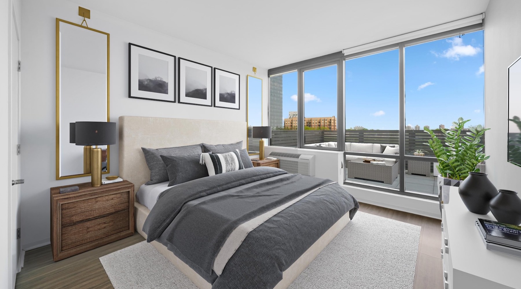 a bedroom with a bed and two nightstands